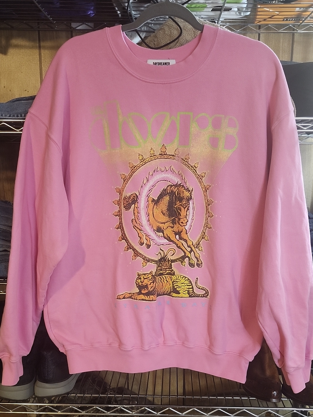 Daydreamer Pink Graphic The Doors Crewneck Sweatshirt with Gold & Brown Art